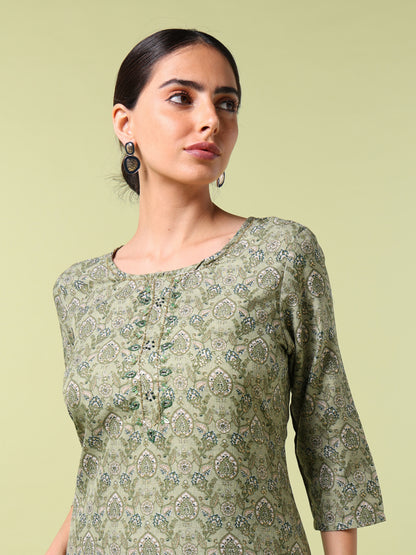 Vibrant Roots Mint Green Printed Kurta Set with Dupatta