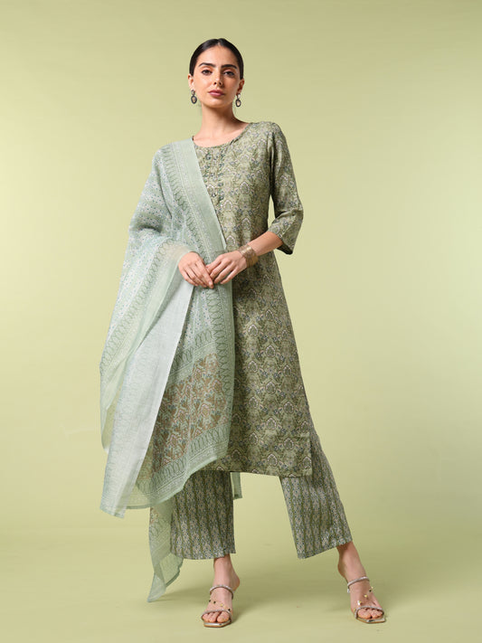 Vibrant Roots Mint Green Printed Kurta Set with Dupatta