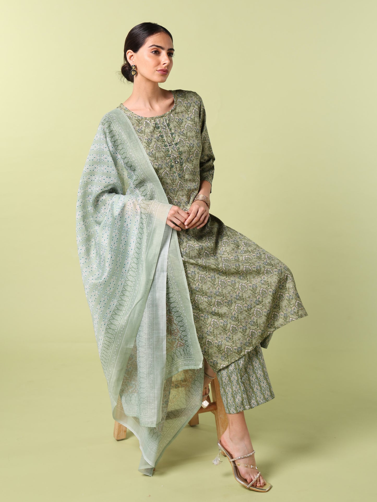 Vibrant Roots Mint Green Printed Kurta Set with Dupatta