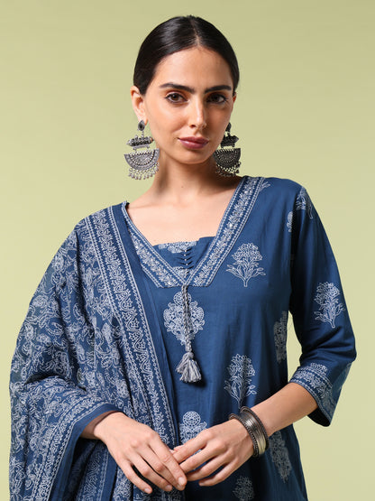 Vibrant Roots Blue Printed Kurta Set With Dupatta