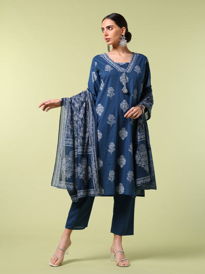 Vibrant Roots Blue Printed Kurta Set With Dupatta