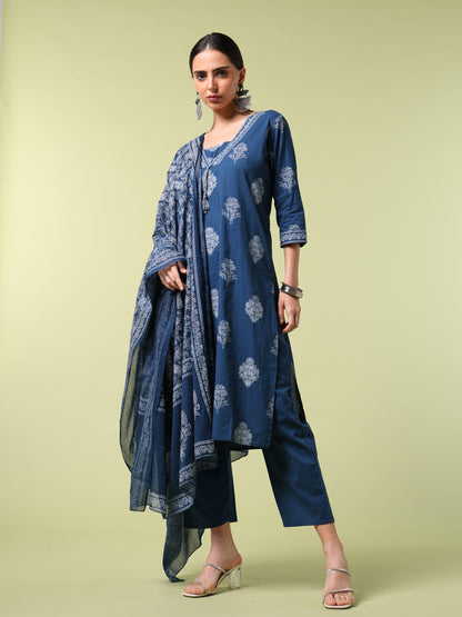 Vibrant Roots Blue Printed Kurta Set With Dupatta