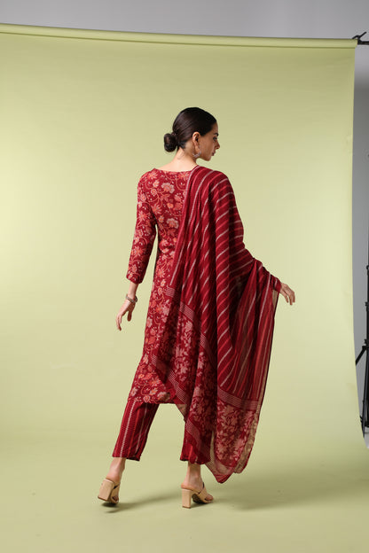 Vibrant Roots Floral Print Red Kurta Set With Dupatta