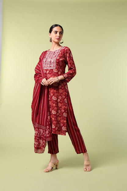 Vibrant Roots Floral Print Red Kurta Set With Dupatta