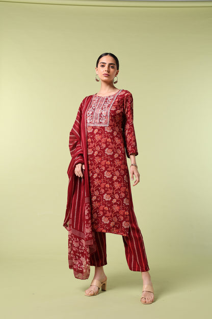 Vibrant Roots Floral Print Red Kurta Set With Dupatta