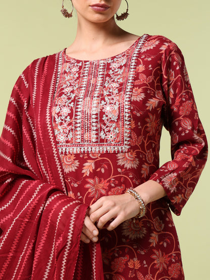 Vibrant Roots Floral Print Red Kurta Set With Dupatta