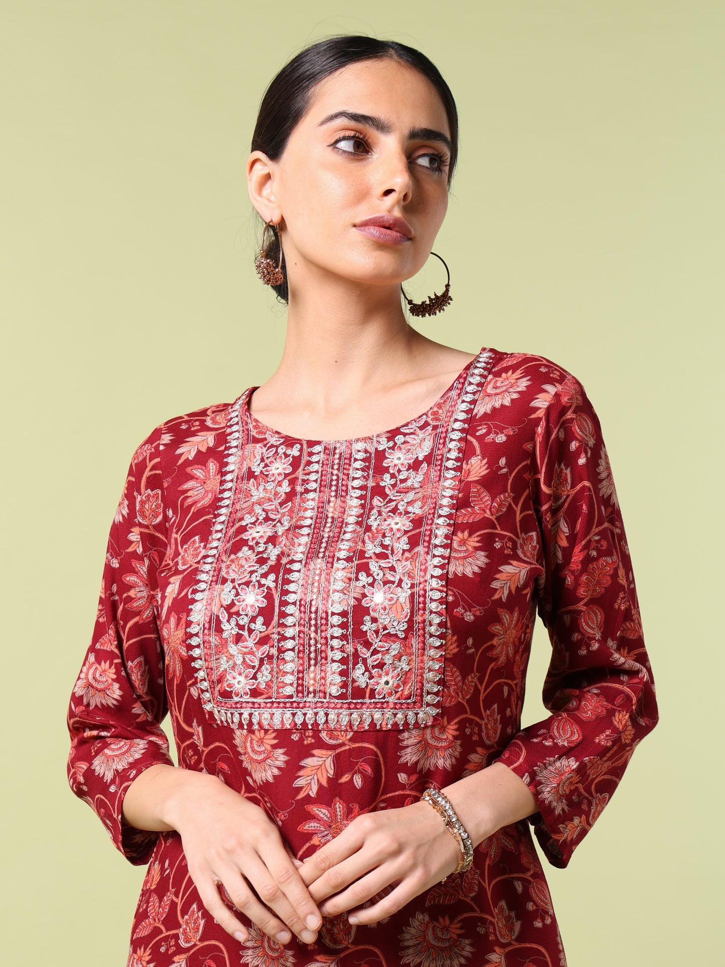 Vibrant Roots Floral Print Red Kurta Set With Dupatta