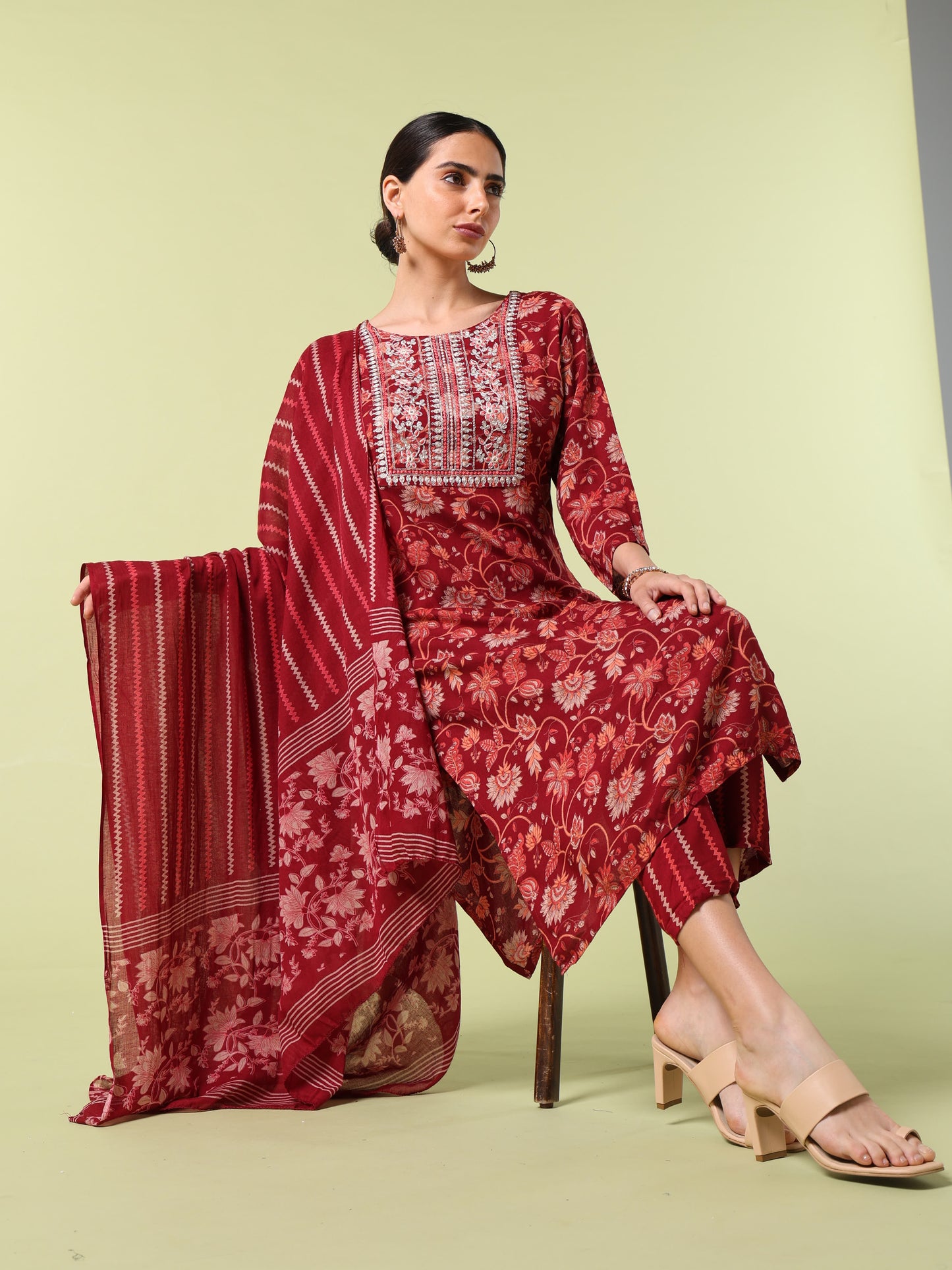 Vibrant Roots Floral Print Red Kurta Set With Dupatta