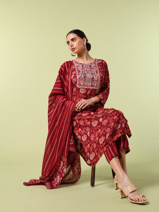 Vibrant Roots Floral Print Red Kurta Set With Dupatta