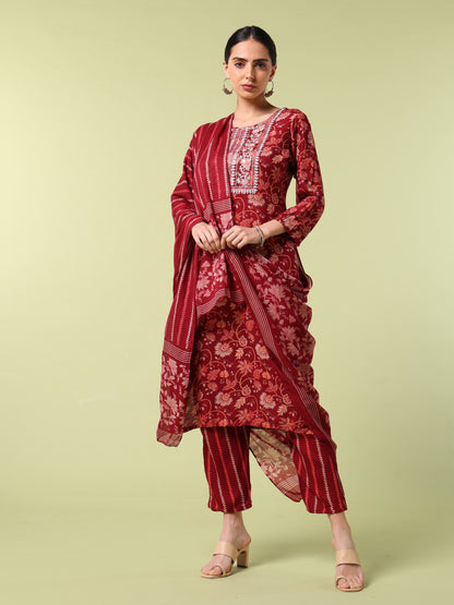 Vibrant Roots Floral Print Red Kurta Set With Dupatta