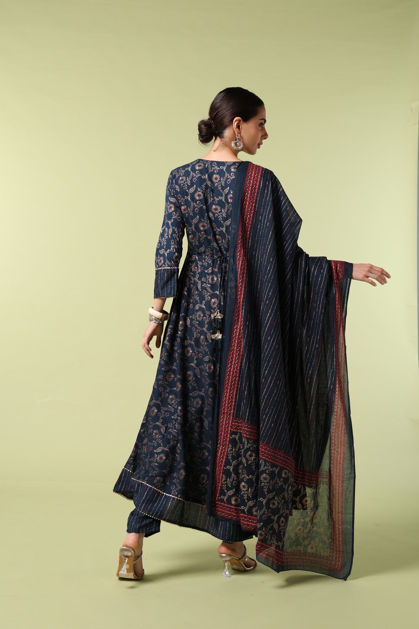 Vibrant Roots Navy Blue Embroidered Anarkali Kurta Set with Dupatta