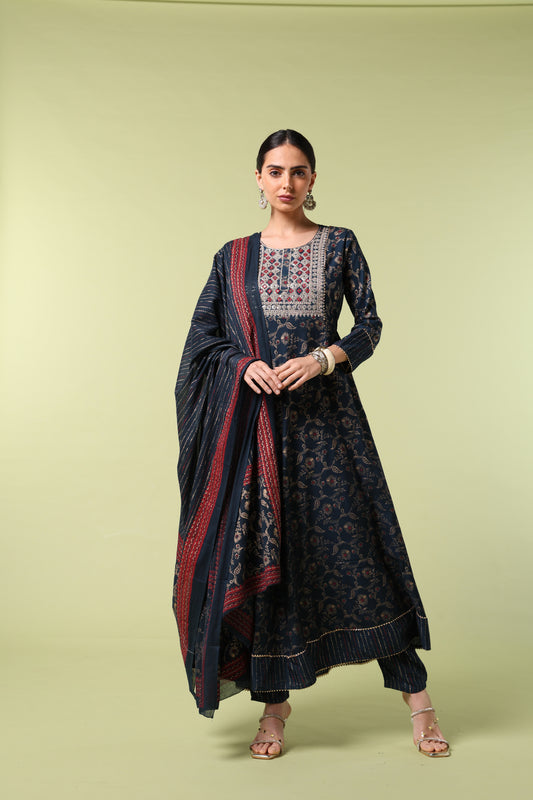 Vibrant Roots Navy Blue Embroidered Anarkali Kurta Set with Dupatta