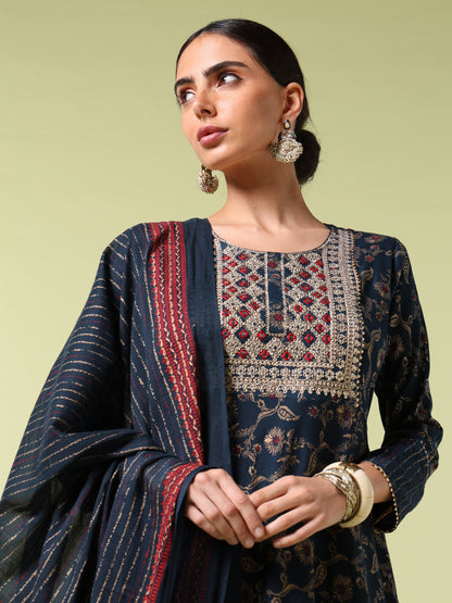 Vibrant Roots Navy Blue Embroidered Anarkali Kurta Set with Dupatta