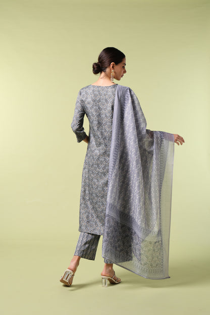 Vibrant Roots Slate Grey Printed Kurta Set with Dupatta