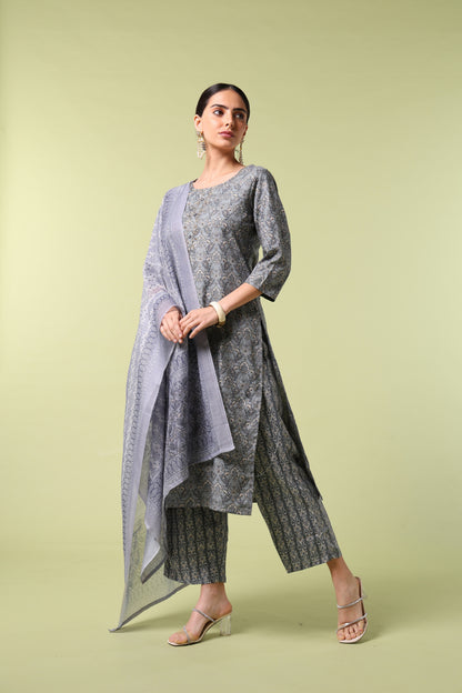 Vibrant Roots Slate Grey Printed Kurta Set with Dupatta