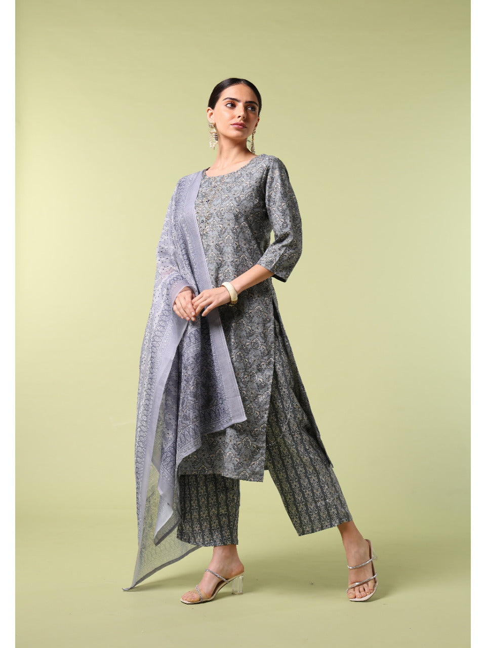 Vibrant Roots Slate Grey Printed Kurta Set with Dupatta