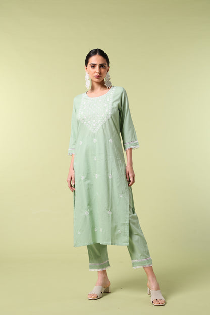 Vibrant Roots Green Embroidered Kurta Set