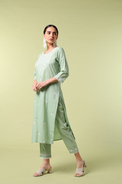 Vibrant Roots Green Embroidered Kurta Set