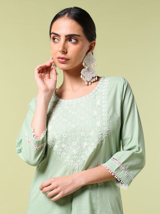 Vibrant Roots Green Embroidered Kurta Set