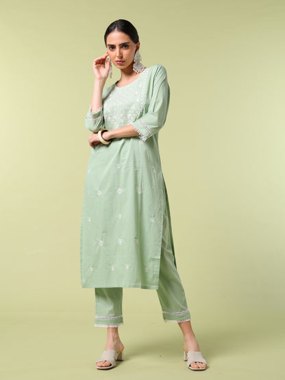 Vibrant Roots Green Embroidered Kurta Set