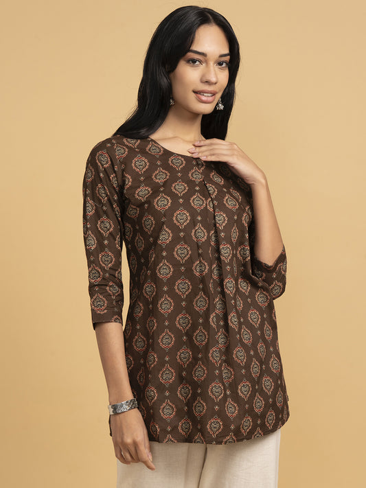 Blooming Elegance All Over Print Brown Kurta Top