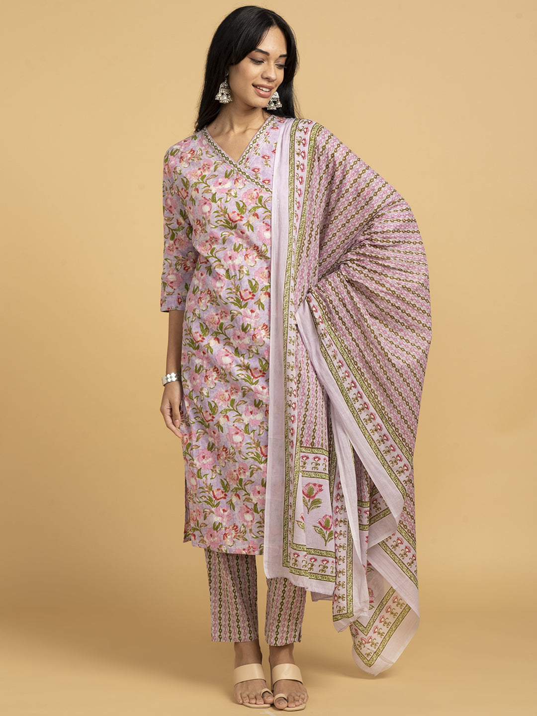 Blooming Elegance Floral Over Lap Design Pink Kurta Set With Dupatta