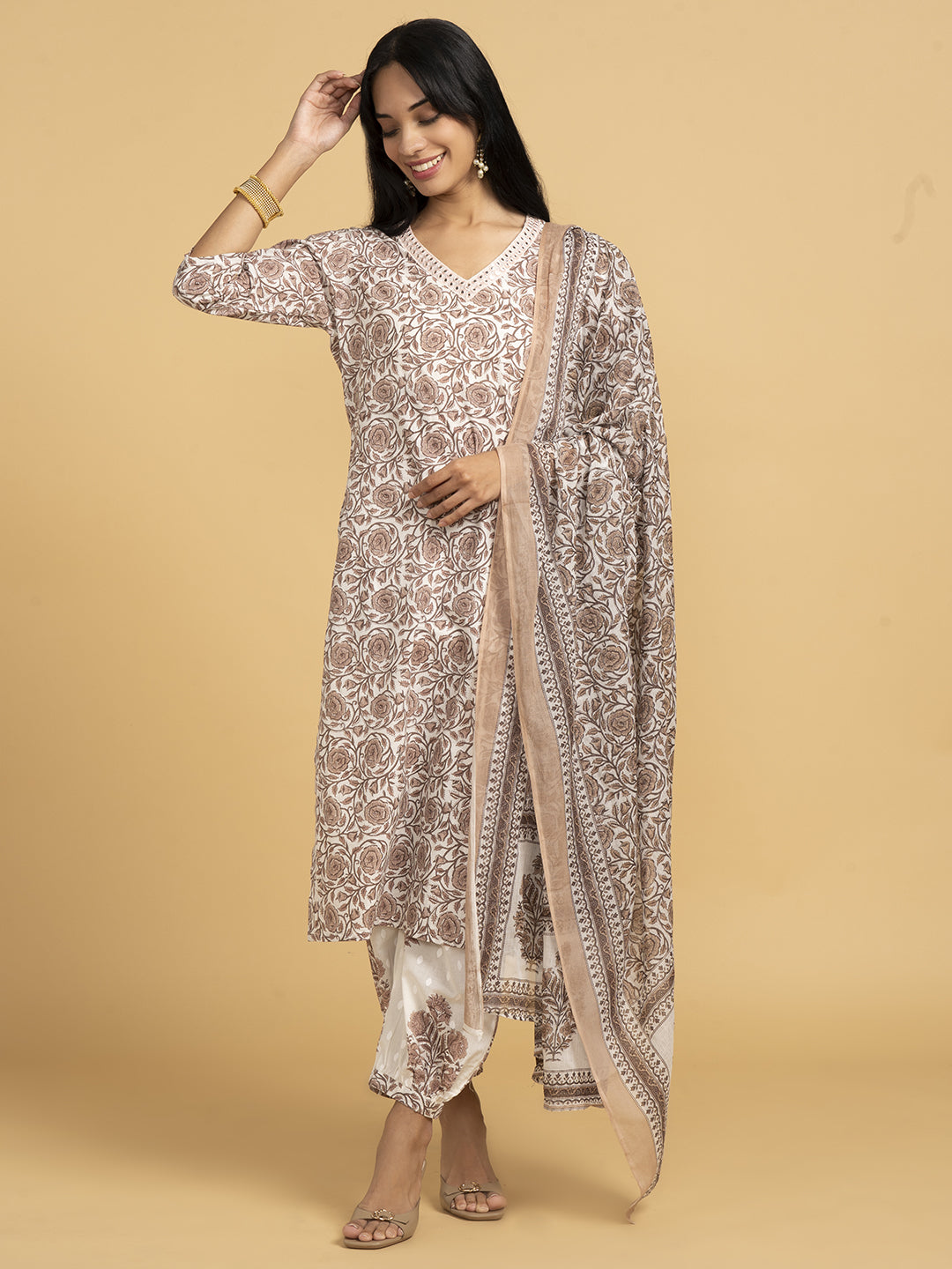 Vibrant Roots Brown Printed Kurta Set With Dupatta