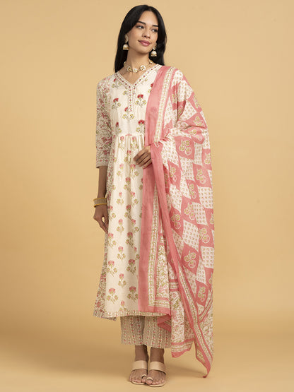 Blooming Elegance  White And Pink Kurta Set With Dupatta