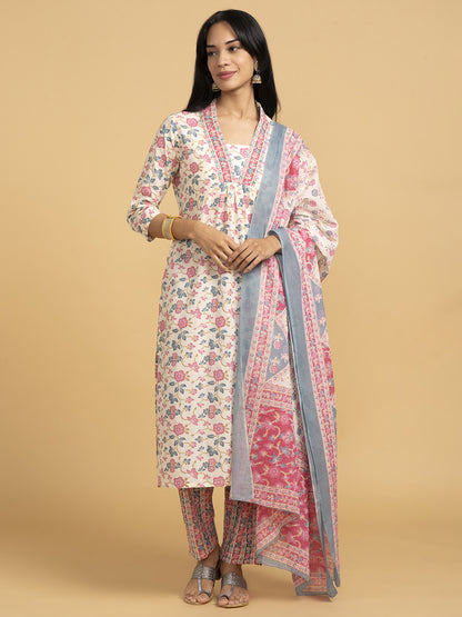 Blooming Elegance Floral All Over Print Off White Kurta Set With Dupatta