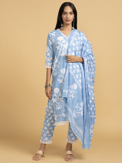 Vibrant Roots Blue Kurta Set With White Floral Print