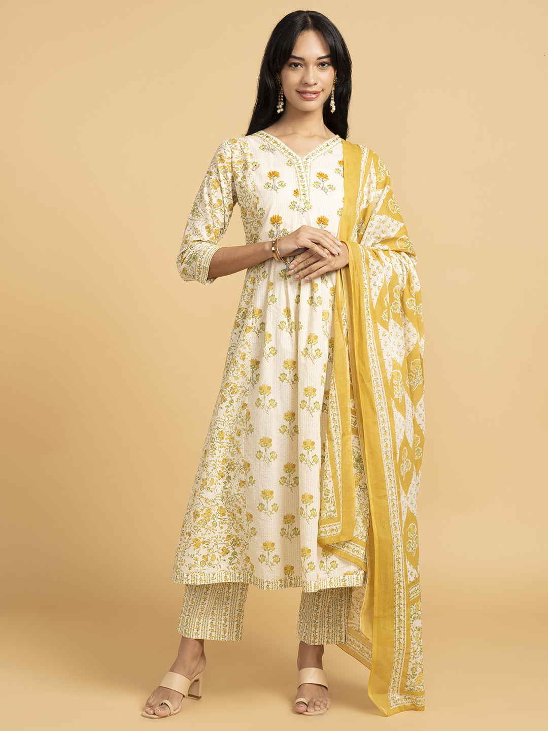 Blooming Elegance  White And Yellow  Kurta Set With Dupatta