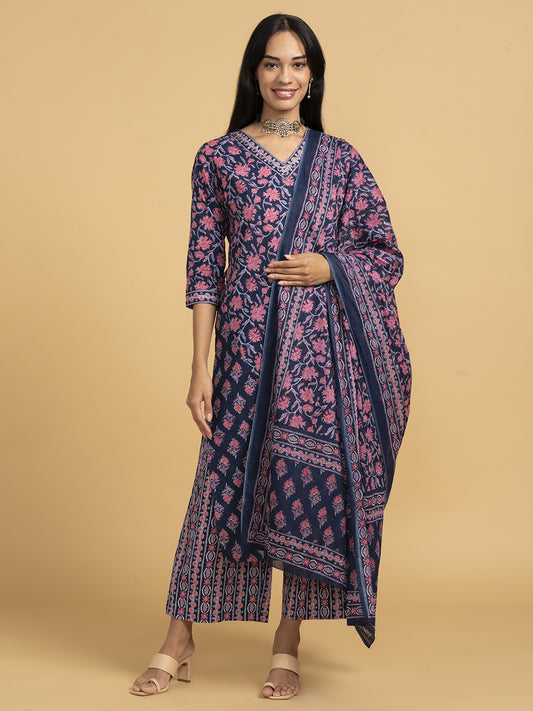 Blooming Elegance Purple Kurta Set With Pink Floral Print