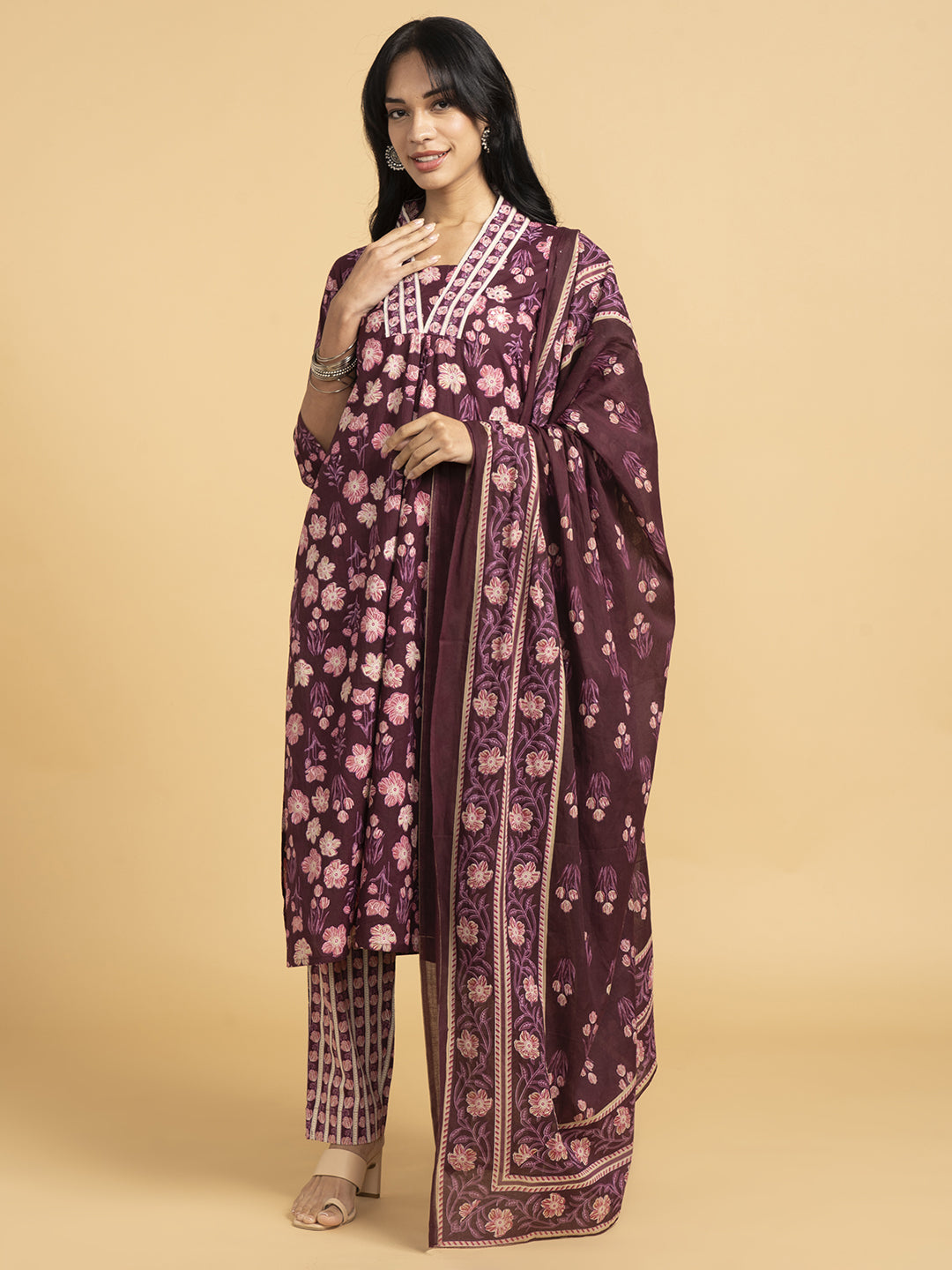 Blooming Elegance All Over Floral Print Purple Kurta Set With Dupatta