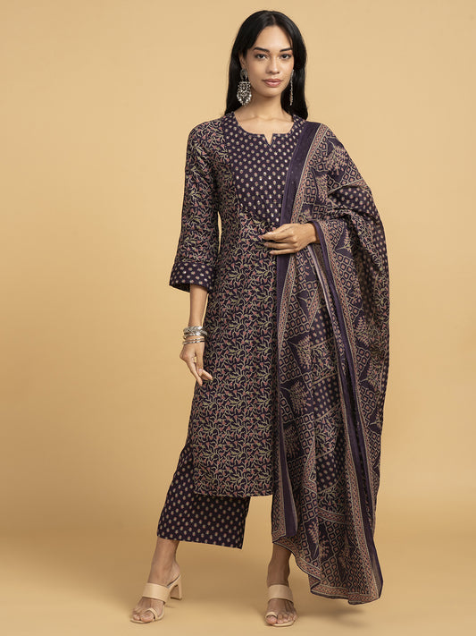 Blooming Elegance Purple All Over Print Kurta Set With Dupatta