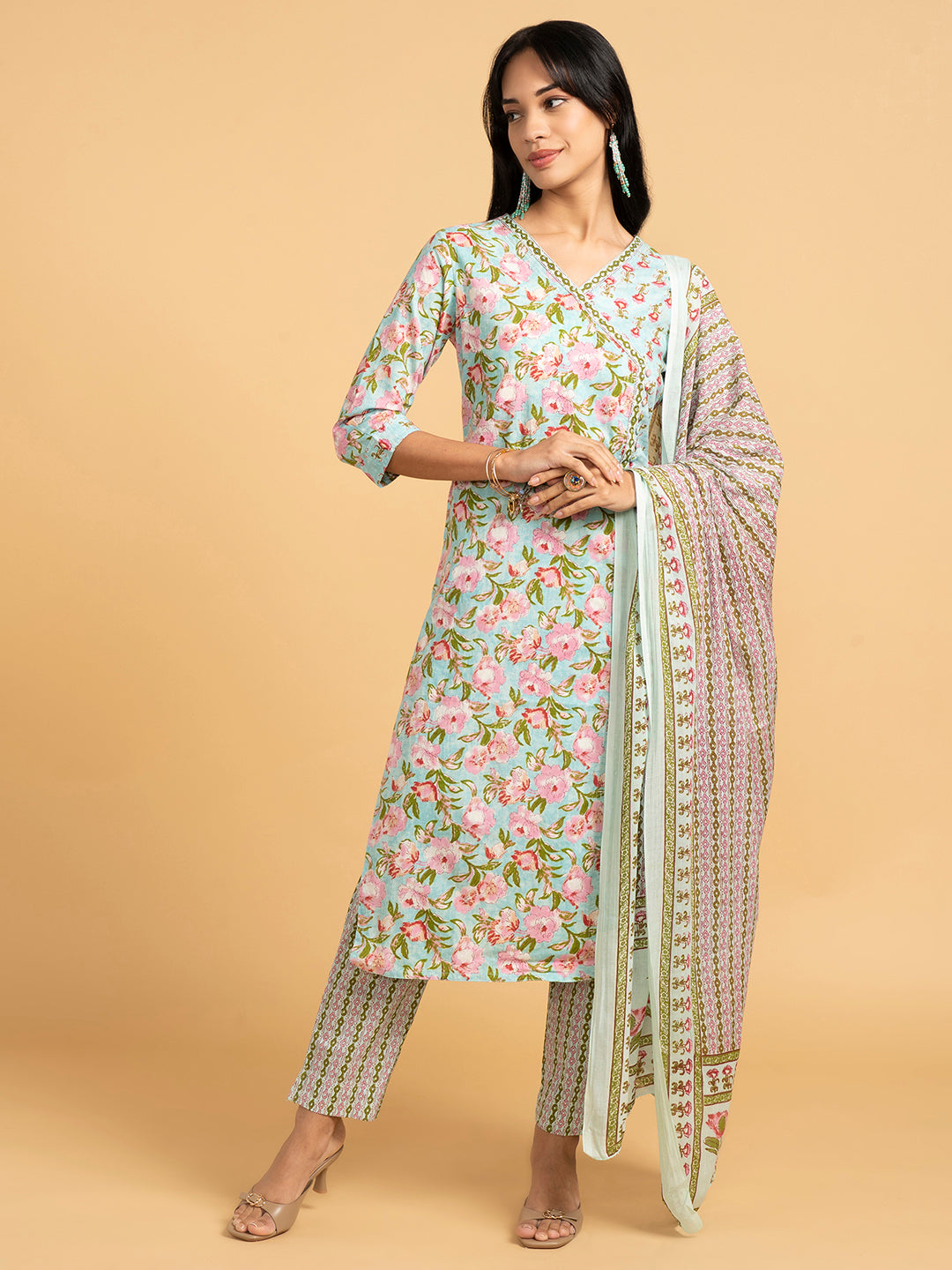 Blooming Elegance Floral Over Lap Design Green Kurta Set With Dupatta