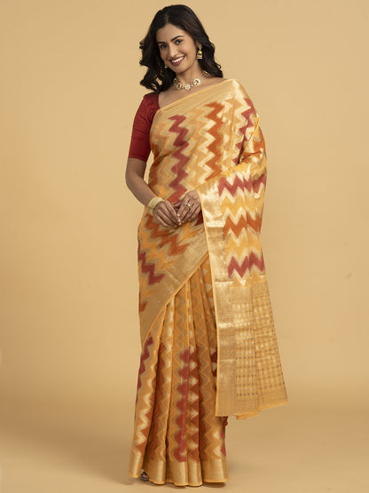 Divine Drapes Ikat Design Peach And Gold Saree