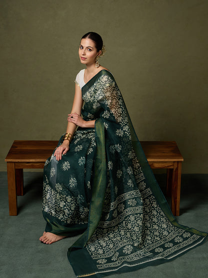 Divine Drapes Green Floral Saree