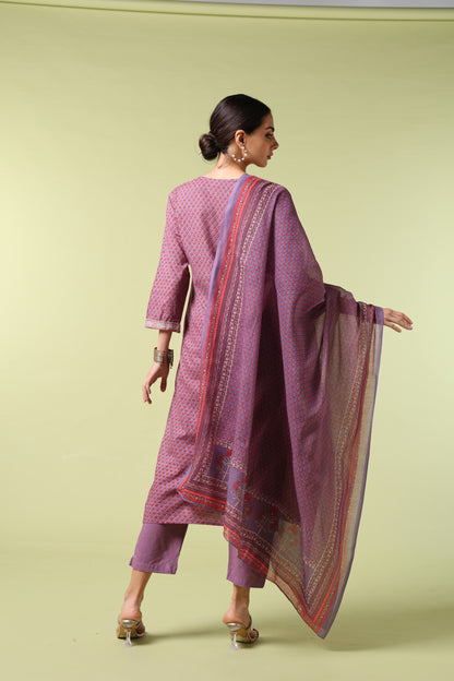 Vibrant Roots Mauve Printed Cotton Kurta Set with Dupatta