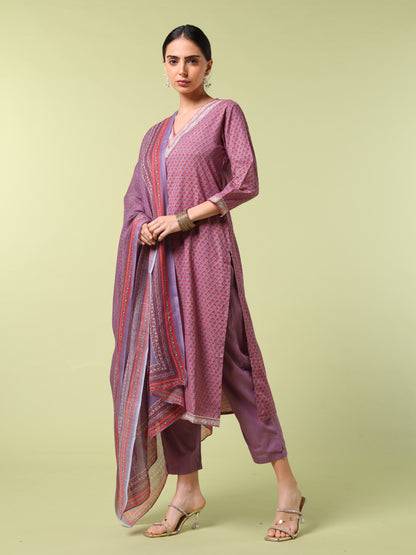 Vibrant Roots Mauve Printed Cotton Kurta Set with Dupatta