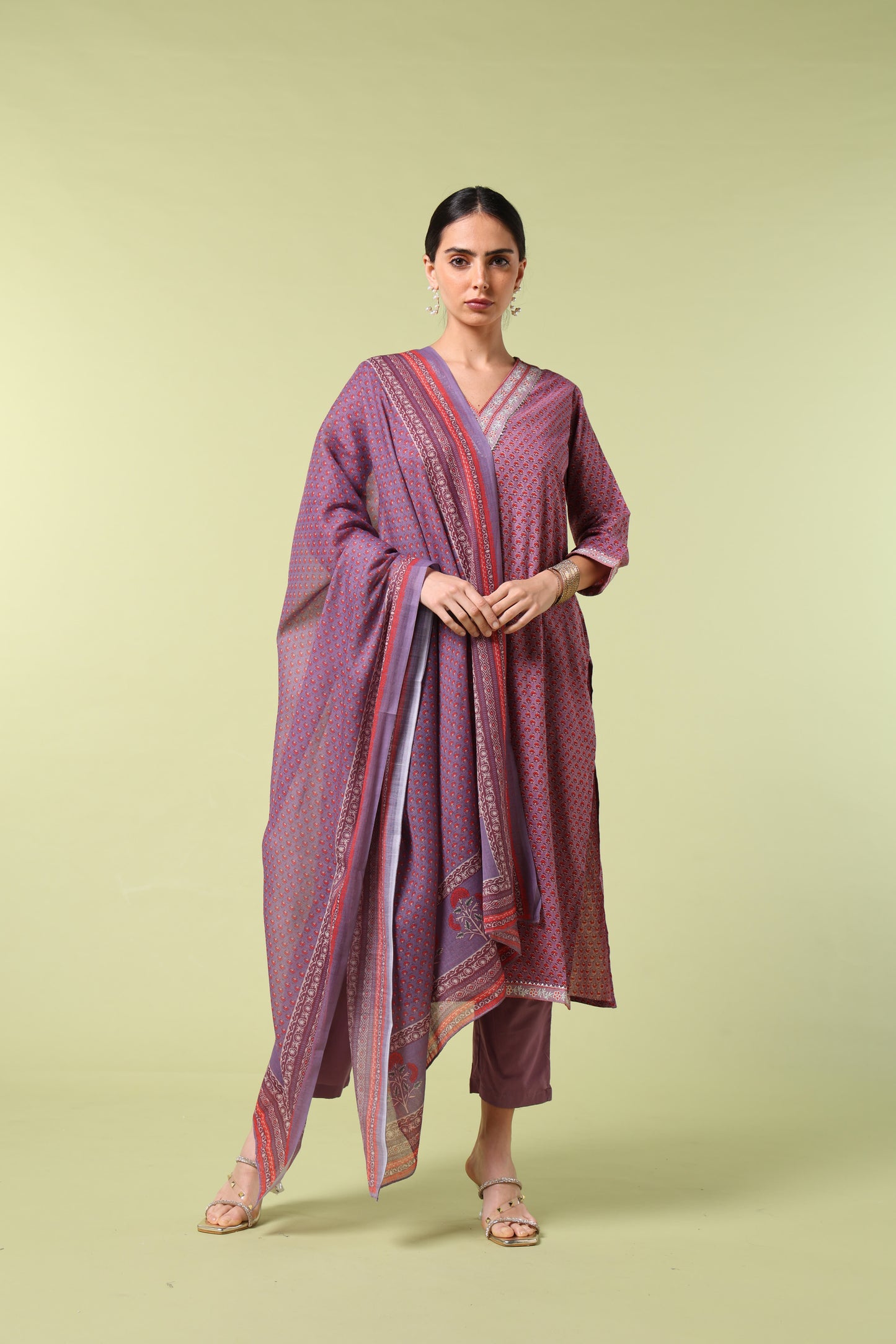 Vibrant Roots Mauve Printed Cotton Kurta Set with Dupatta