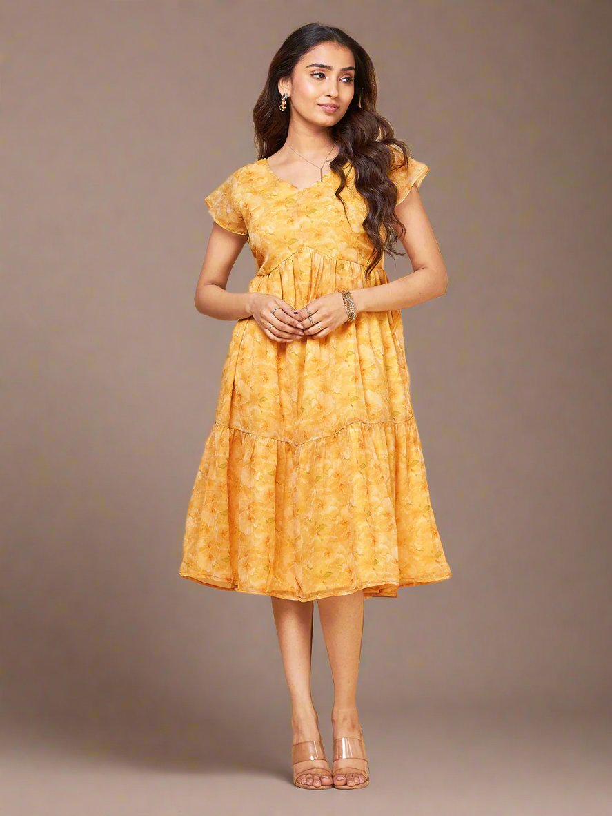 Painterly Yellow Tiered Dress