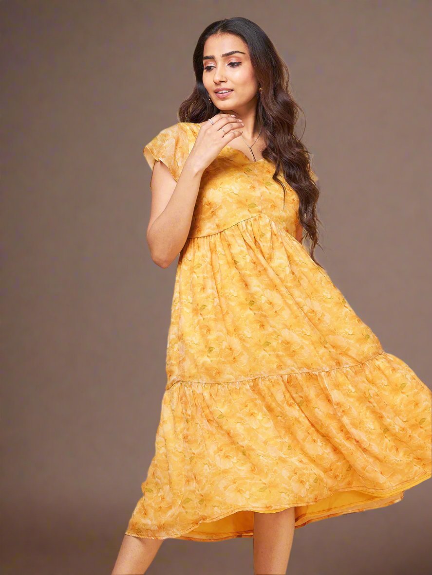 Painterly Yellow Tiered Dress