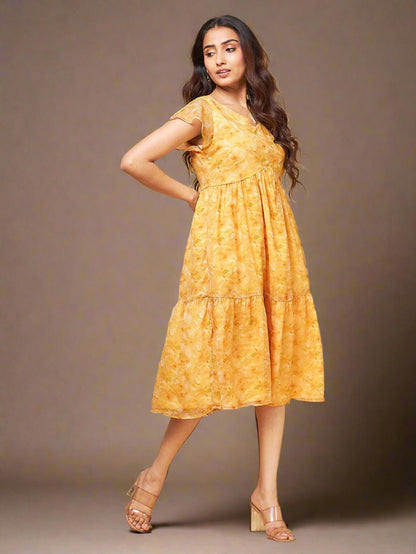 Painterly Yellow Tiered Dress