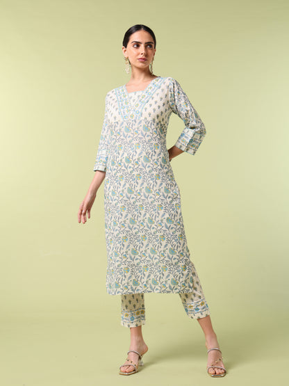 Vibrant Roots Floral Block Printed Cotton Kurta Set