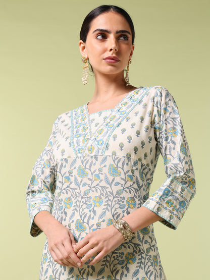 Vibrant Roots Floral Block Printed Cotton Kurta Set