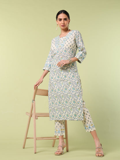 Vibrant Roots Floral Block Printed Cotton Kurta Set