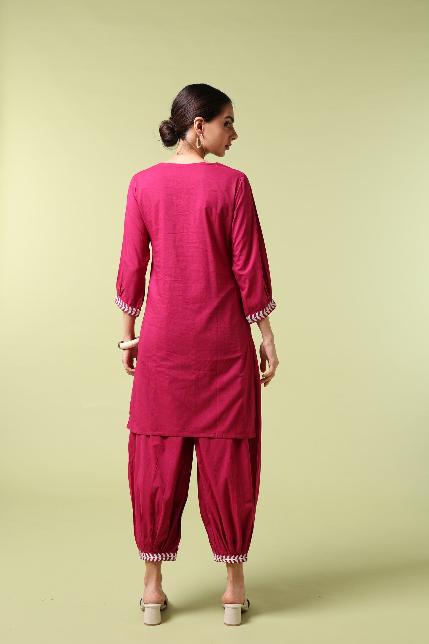 Vibrant Roots Magenta Embroidered Kurta Set with Tapered Pants