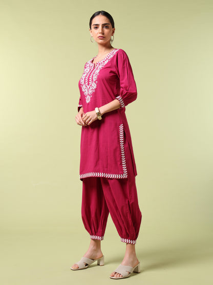 Vibrant Roots Magenta Embroidered Kurta Set with Tapered Pants