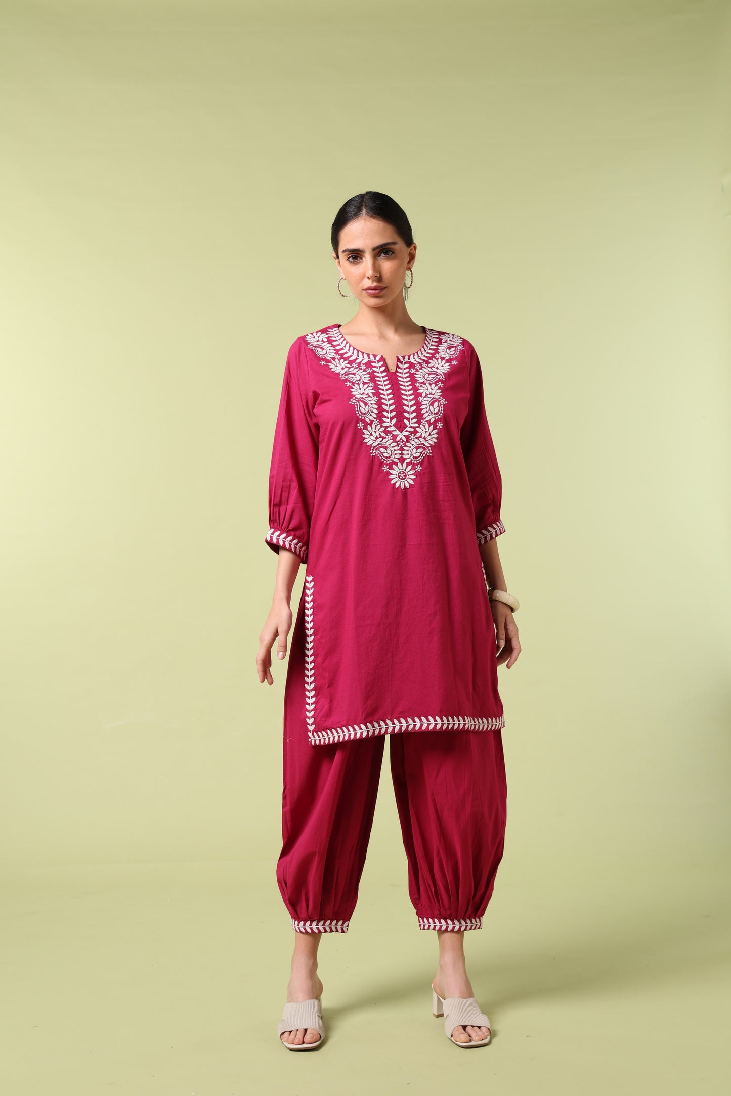 Vibrant Roots Magenta Embroidered Kurta Set with Tapered Pants