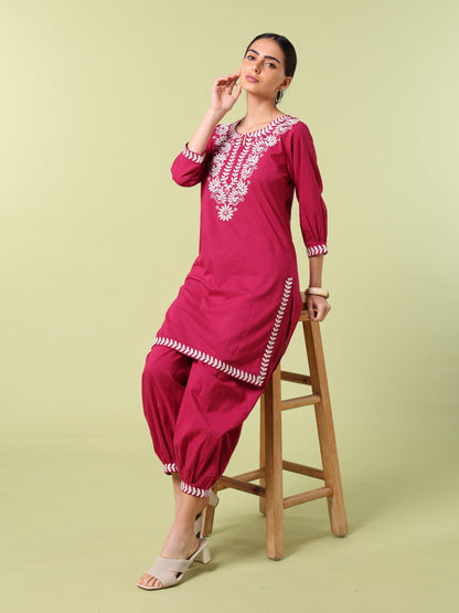 Vibrant Roots Magenta Embroidered Kurta Set with Tapered Pants